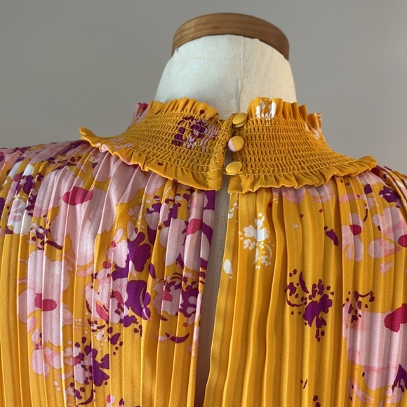 Nanette Laporte high smocked neck / waist accordion midi dress yellow purple 12 - Picture 7 of 12